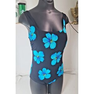 Vintage Robby Len One Piece Swimsuit Women's Size 12 Floral Blue Black‎ Cross